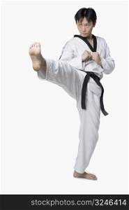 Mid adult man practicing front kick