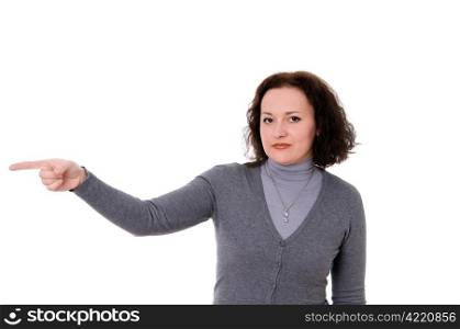 mid adult woman shows a hand something isolated on white background