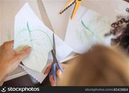 Mid adult woman using scissors to cut our leaf shape, overhead view