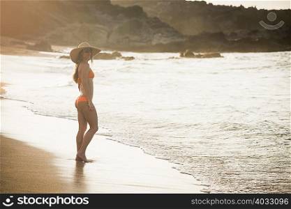 Mid adult woman wearing sunhat and bikini standing on beach, Maui, Hawaii, USA