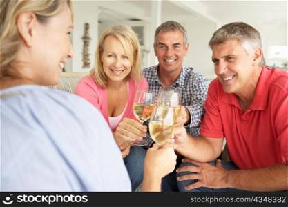 Mid age couples drinking together at home