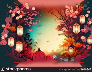 Mid Autumn Festival design with beautiful blossom flowers, lanterns, copy space for text