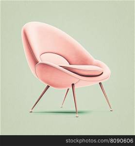 Mid century pink accent fabric chair with chromium legs. Fabric upholstery chair on green background. Mid-century, Loft, Scandinavian interior. Retro stylized modern furniture. AI. Mid century pink accent chair on green background. AI