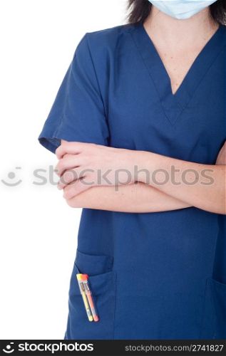 mid section of a young female doctor wearing mask isolated on white background