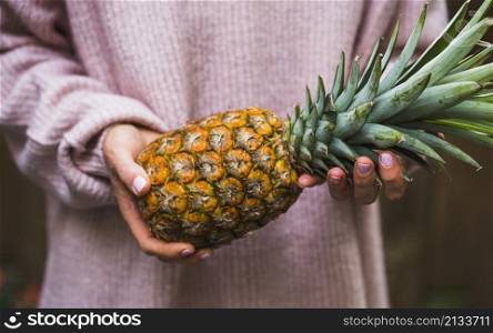 mid section person holding whole pineapple