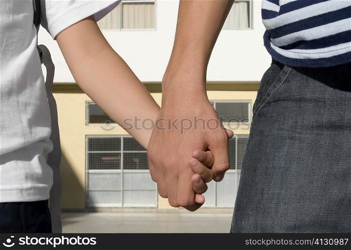 Mid section view of a boy holding hands of his sister