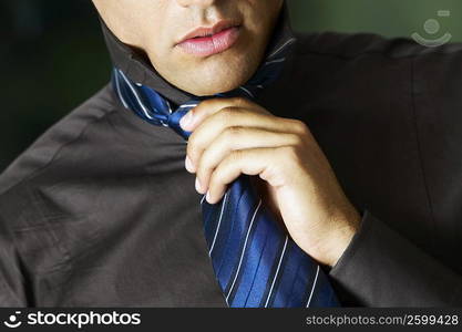 Mid section view of a businessman adjusting his tie