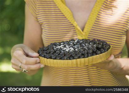 Mid section view of a woman holding a blueberry pie