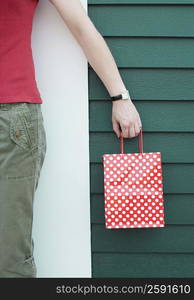 Mid section view of a woman holding a shopping bag