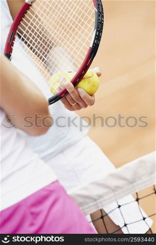 Mid section view of two female tennis players standing on a tennis court