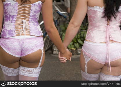 Mid section view of two lesbian women in stockings holding hands