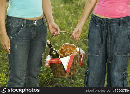 Mid section view of two women holding a picnic basket