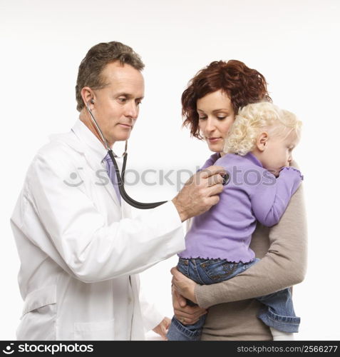 Middle-aged adult Caucasian male doctor holding stethoscope to female toddler&acute;s back with mother watching.