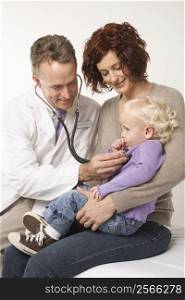 Middle-aged adult Caucasian male doctor holding stethoscope to female toddler&acute;s chest with mother watching.
