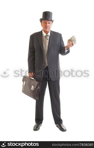 Middle aged businessman in a retro business suit with money isolated on white.