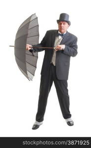 Middle aged businessman in a retro business suit with umbrella isolated on white.