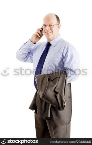 Middle-aged businessman making a phone call, isolated on white background 