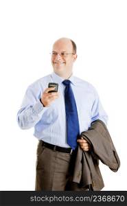 Middle-aged businessman sending a text message and smilling, isolated on white background
