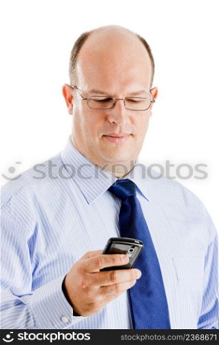 Middle-aged businessman sending a text message, isolated on white background 