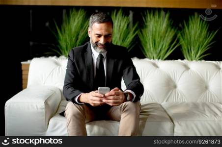 Middle-aged businessman using mobile phone  in modern office