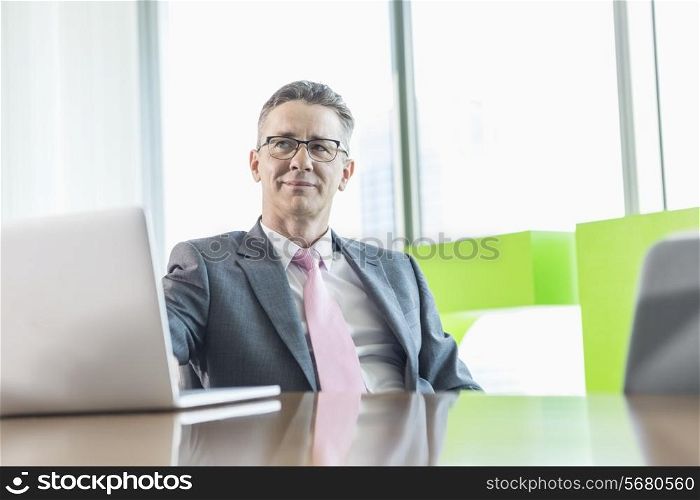Middle-aged businessman with laptop sitting at conference table
