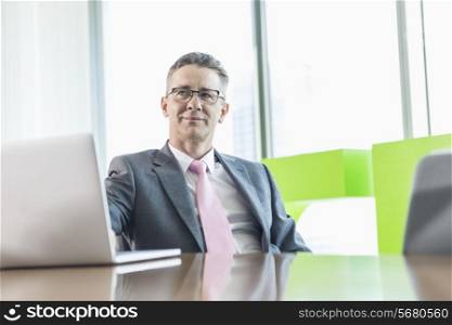 Middle-aged businessman with laptop sitting at conference table