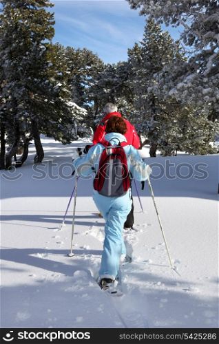 Middle-aged couple skiing