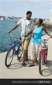 Middle-aged couples standing at promenade with bicycles