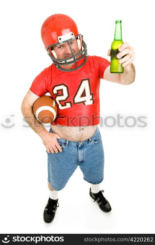 Middle aged guy in old football uniform, enjoying a cold beer. Full body isolated.