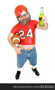 Middle aged guy in old football uniform, enjoying a cold beer. Full body isolated.
