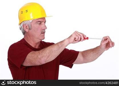 Middle-aged handyman using screw-driver