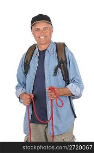 Middle aged hiker with rope