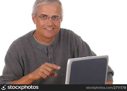 Middle Aged Man Pointing at Laptop