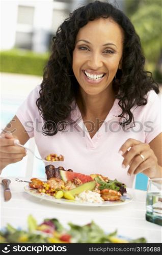 Middle Aged Woman Dining Al Fresco