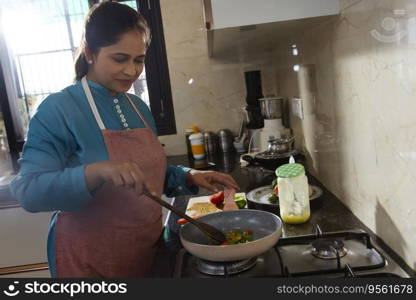 Middle class Indian woman cooking food in kitchen