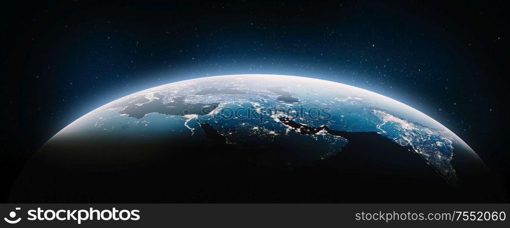 Middle East at night. Elements of this image furnished by NASA. 3d rendering. Middle East at night