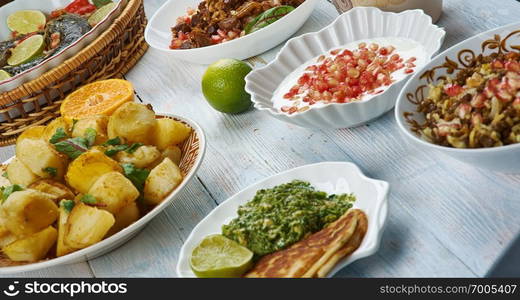 Middle Eastern cuisine Levant, Traditional assorted dishes, Top view