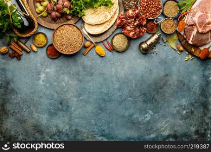 Middle eastern or arabic tradition ingredients - kebab bread, meat, wine, herbs and spices. Space for text, flat lay. Middle eastern or arabic tradition ingredients - space for text