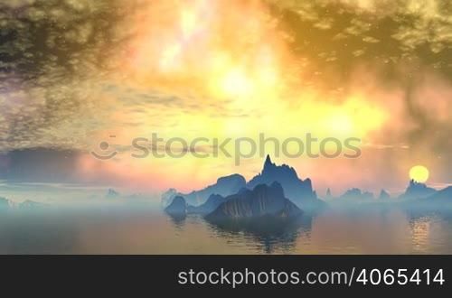 Middle of the lake is a small rocky island. On a calm water surface are reflected shadows. In the night sky shines bright golden nebula, slowly floating clouds. Golden sun sets behind the horizon, covered pale mist. Image slowly approaching.