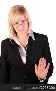 Middleaged businesswoman gives gesture