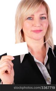 Middleaged businesswoman shows white card