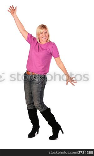 middleaged woman in pink shirt stands dancing 3
