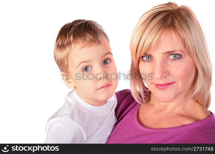 middleaged woman in pink shirt with kid