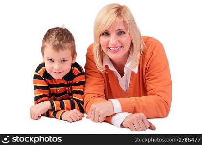 Middleaged woman with boy lying