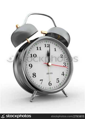 Midnight. Old-fashioned alarm clock on white background. 3d