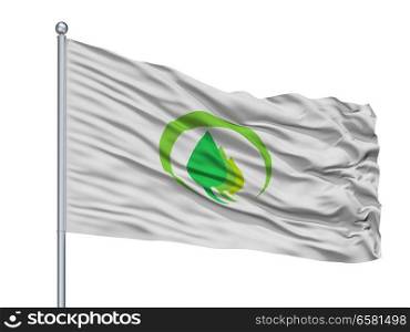 Midori City Flag On Flagpole, Country Japan, Gunma Prefecture, Isolated On White Background. Midori City Flag On Flagpole, Japan, Gunma Prefecture, Isolated On White Background
