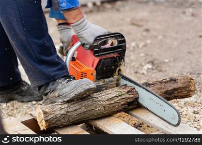 Midsection of man holding the chainsaw cutting wood timber trunk in autumn or winter day in the yard outdoor