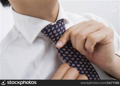 Midsection of mid adult businessman adjusting tie