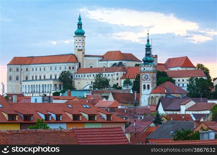 Mikulov town sunset top view (Moravian Region, Czech Republic). The Old town centre and castle (reconstruction in 1719-1730).
