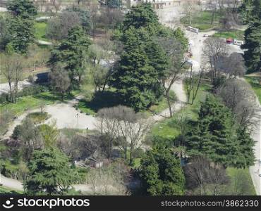 Milan aerial view. Aerial view of Parco Sempione park in the city of Milan in Italy